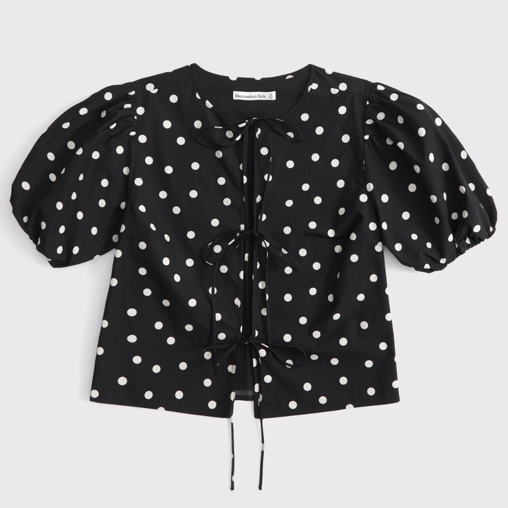 Abercrombie & Fitch Women Short Sleeve Tie-Front Top Blouse Shirt Black Polk Dot - Picture 2 of 5